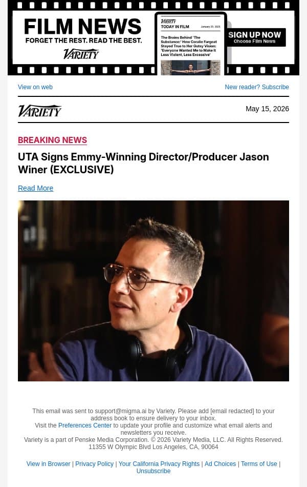 UTA Signs Emmy-Winning Director/Producer Jason Winer (EXCLUSIVE) email from Variety screenshot