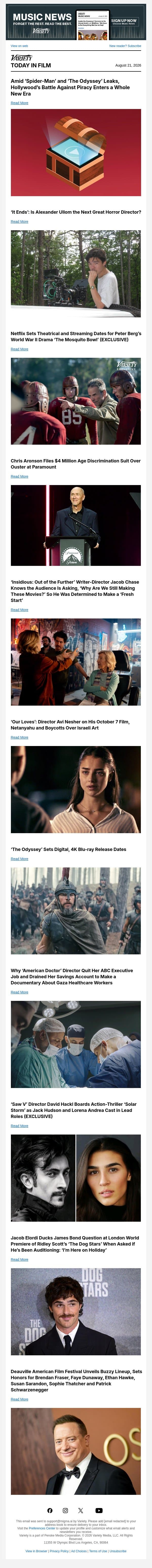 Hollywood's New Piracy Battle; 'It Ends' Director Interview; Peter Berg's 'The Mosquito Bowl' Sets Release Dates email from Variety screenshot