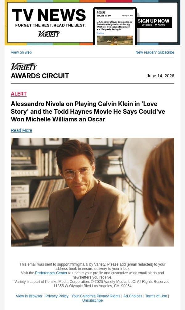 Alessandro Nivola on Playing Calvin Klein in 'Love Story' and the Todd Haynes Movie He Says Could've Won Michelle Williams an Oscar email from Variety screenshot