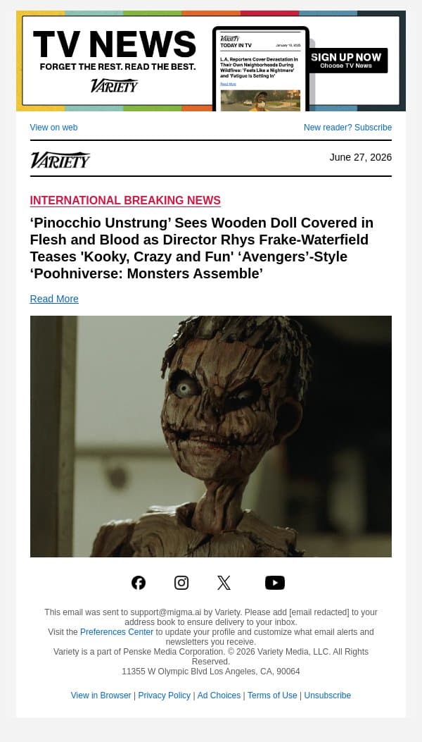 ‘Pinocchio Unstrung’ Sees Wooden Doll Covered in Flesh and Blood as Director Rhys Frake-Waterfield Teases 'Kooky, Crazy and Fun' ‘Avengers’-Style ‘Poohniverse: Monsters Assemble’ email from Variety screenshot