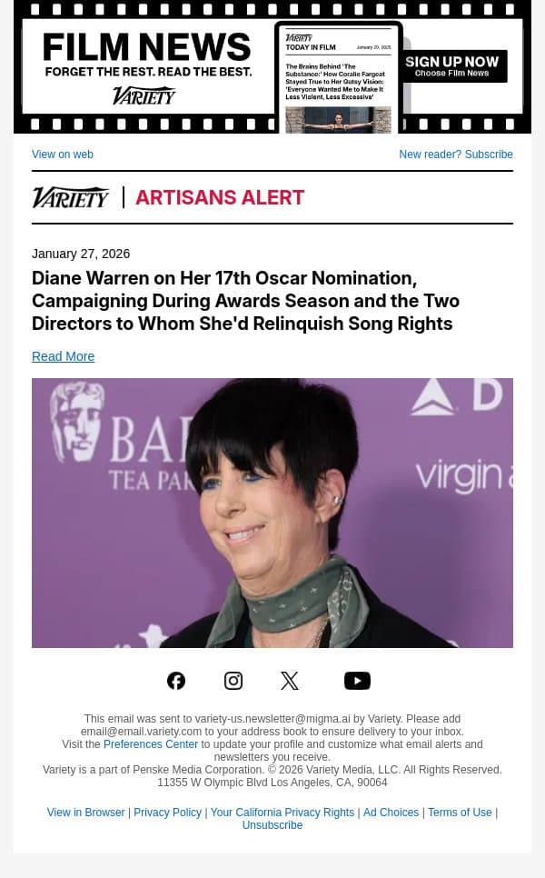 Diane Warren on Her 17th Oscar Nomination, Campaigning During Awards Season and the Two Directors to Whom She'd Relinquish Song Rights email from Variety screenshot
