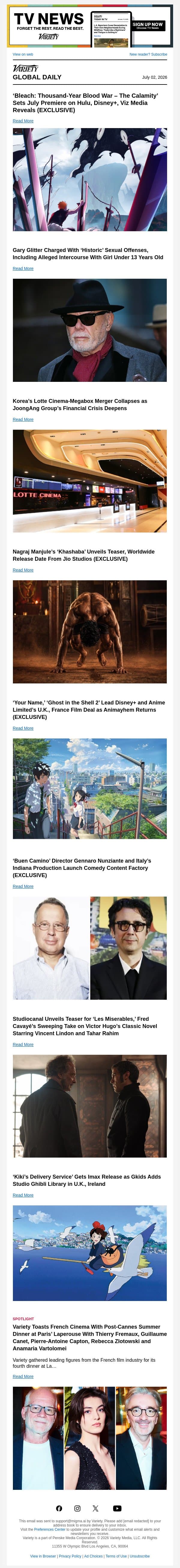'Bleach' Sets Premiere Date; Gary Glitter Charged Again; Lotte-Megabox Merger Collapses email from Variety screenshot
