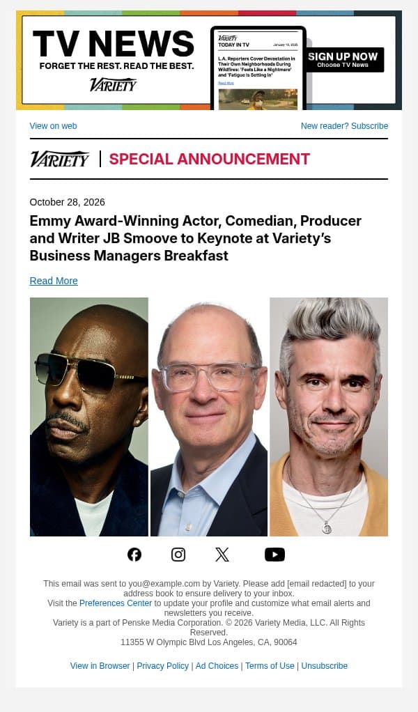 Emmy Award-Winning Actor, Comedian, Producer and Writer JB Smoove to Keynote at Variety’s Business Managers Breakfast email from Variety screenshot