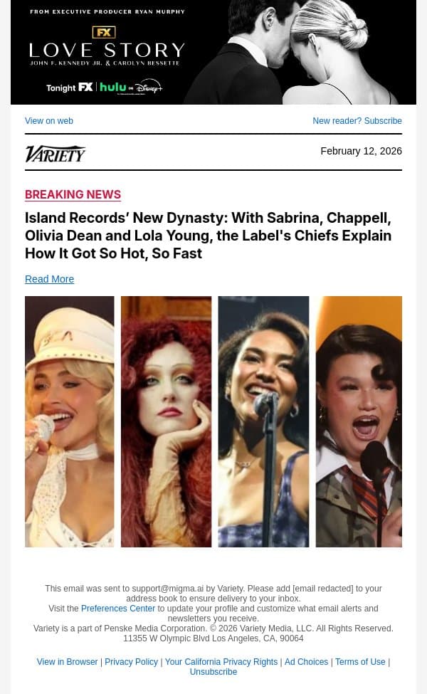 Island Records’ New Dynasty: With Sabrina, Chappell, Olivia Dean and Lola Young, the Label's Chiefs Explain How It Got So Hot, So Fast email from Variety screenshot