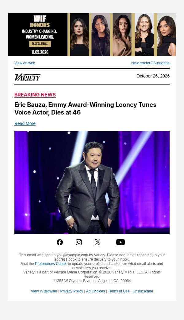 Eric Bauza, Emmy Award-Winning Looney Tunes Voice Actor, Dies at 46 email from Variety screenshot