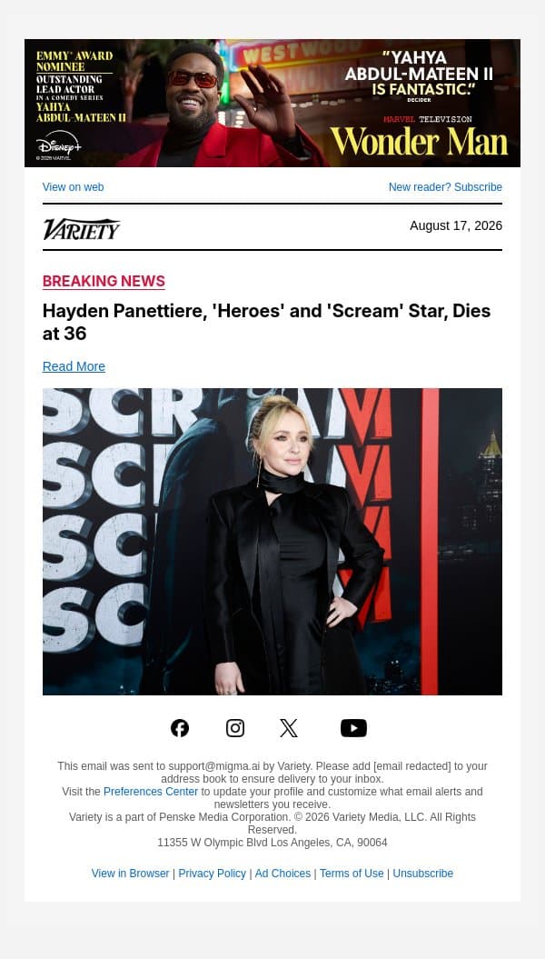 Hayden Panettiere, 'Heroes' and 'Scream' Star, Dies at 36 email from Variety screenshot