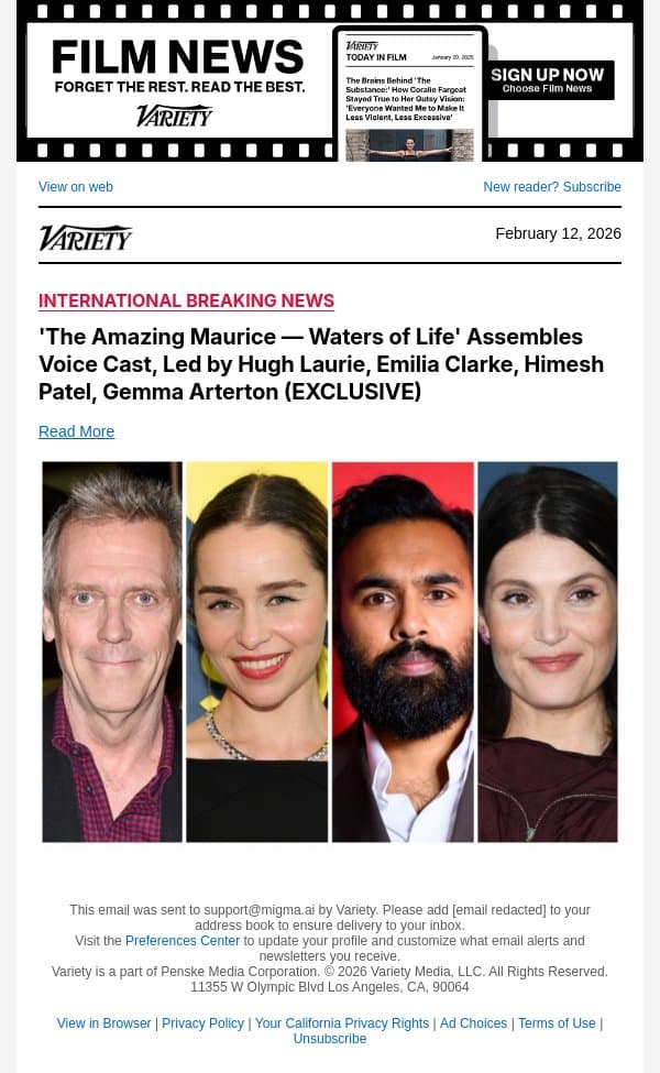 'The Amazing Maurice — Waters of Life' Assembles Voice Cast, Led by Hugh Laurie, Emilia Clarke, Himesh Patel, Gemma Arterton (EXCLUSIVE) email from Variety screenshot