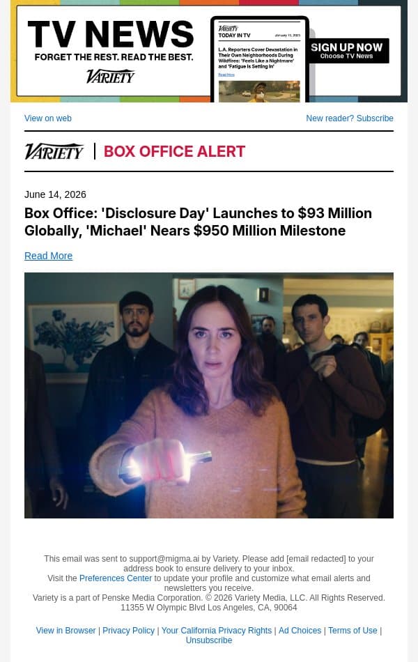 Box Office: 'Disclosure Day' Launches to $93 Million Globally, 'Michael' Nears $950 Million Milestone email from Variety screenshot