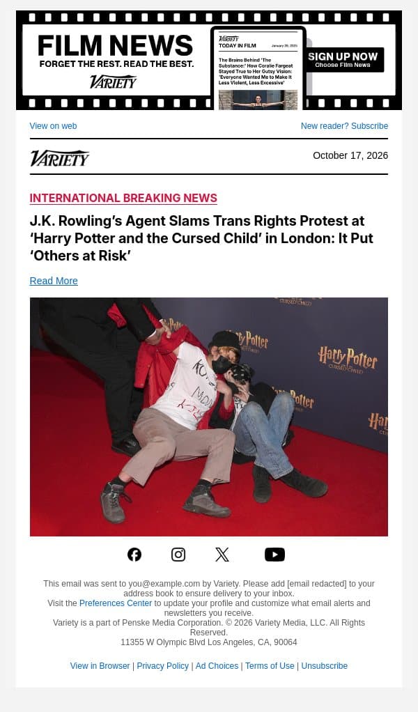 J.K. Rowling’s Agent Slams Trans Rights Protest at ‘Harry Potter and the Cursed Child’ in London: It Put ‘Others at Risk’ email from Variety screenshot