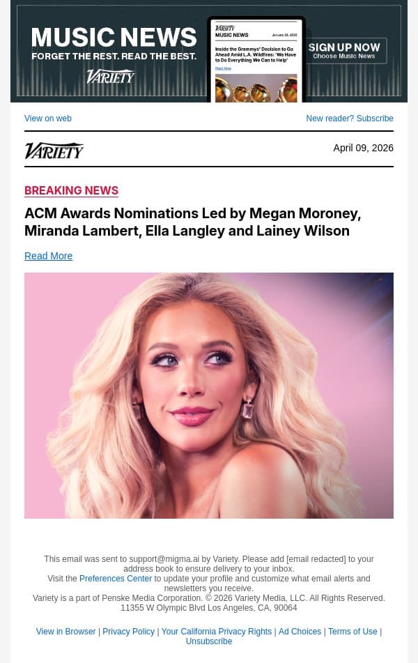 ACM Awards Nominations Led by Megan Moroney, Miranda Lambert, Ella Langley and Lainey Wilson email from Variety screenshot