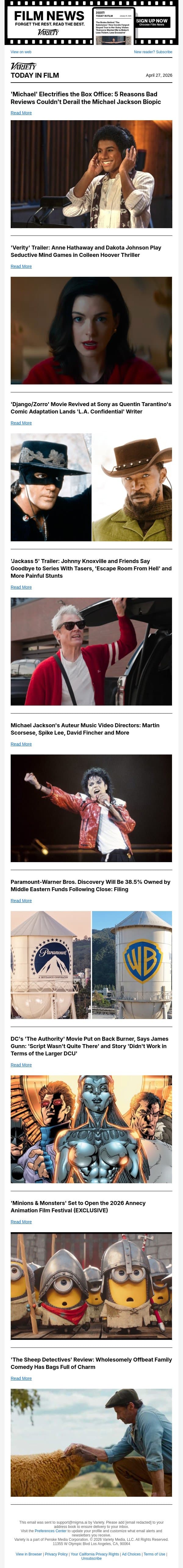 Why 'Michael' Rocked the Box Office; 'Verity' Trailer; 'Django/Zorro' Movie Revived email from Variety screenshot