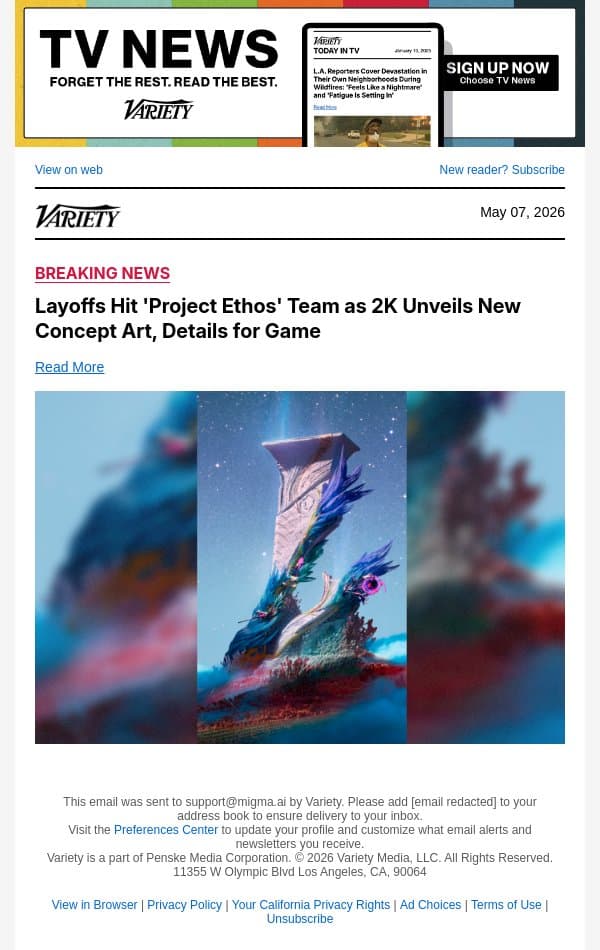 Layoffs Hit 'Project Ethos' Team as 2K Unveils New Concept Art, Details for Game email from Variety screenshot