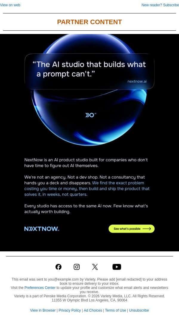 Introducing NextNow, the AI studio that builds what a prompt can’t email from Variety screenshot