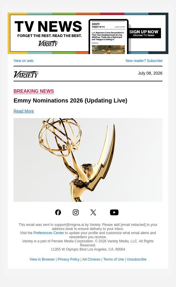 Emmy Nominations 2026 (Updating Live) email from Variety screenshot