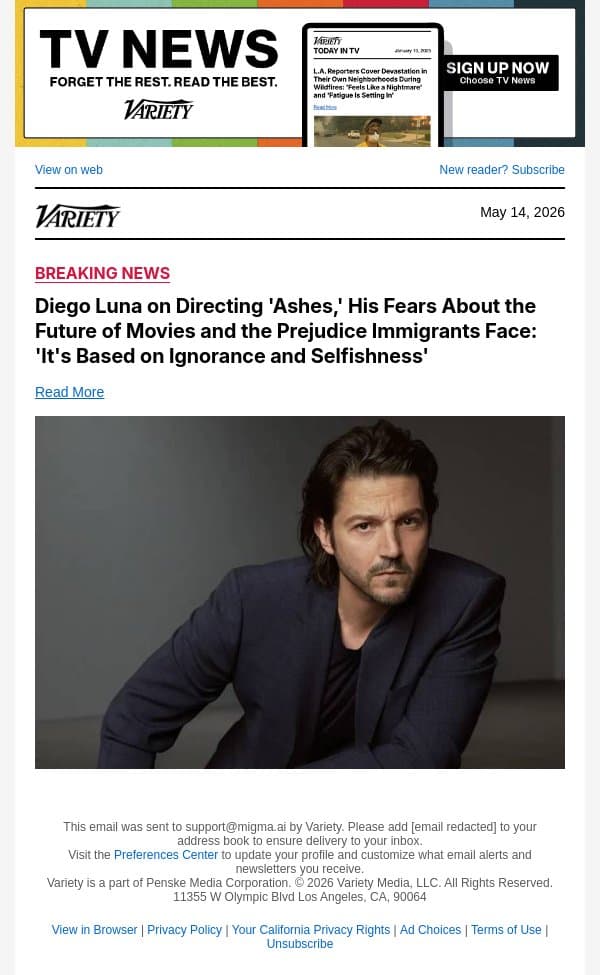 Diego Luna on Directing 'Ashes,' His Fears About the Future of Movies and the Prejudice Immigrants Face: 'It's Based on Ignorance and Selfishness' email from Variety screenshot