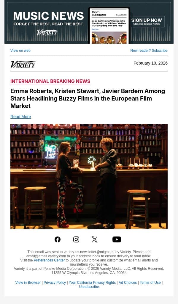 Emma Roberts, Kristen Stewart, Javier Bardem Among Stars Headlining Buzzy Films in the European Film Market email from Variety screenshot