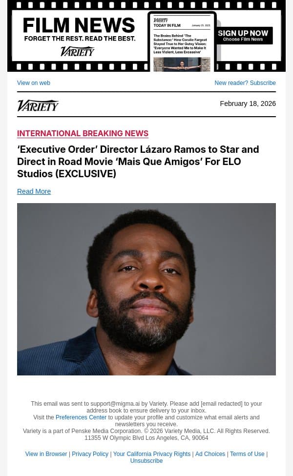 ‘Executive Order’ Director Lázaro Ramos to Star and Direct in Road Movie ‘Mais Que Amigos’ For ELO Studios (EXCLUSIVE) email from Variety screenshot