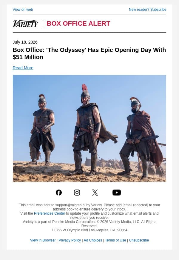 Box Office: 'The Odyssey' Has Epic Opening Day With $51 Million email from Variety screenshot