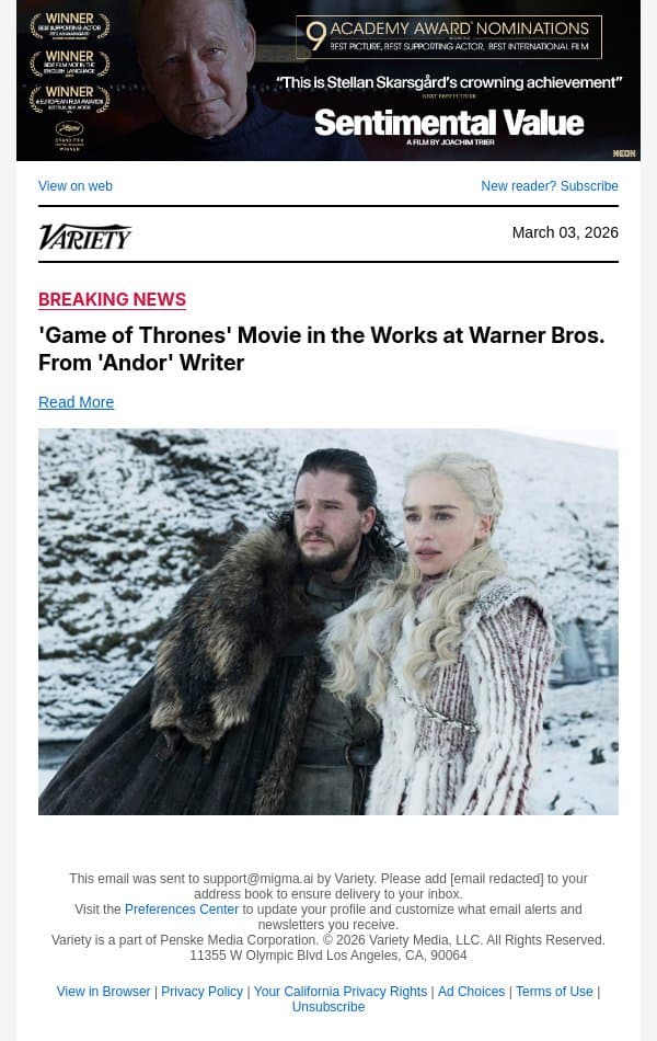 'Game of Thrones' Movie in the Works at Warner Bros. From 'Andor' Writer email from Variety screenshot
