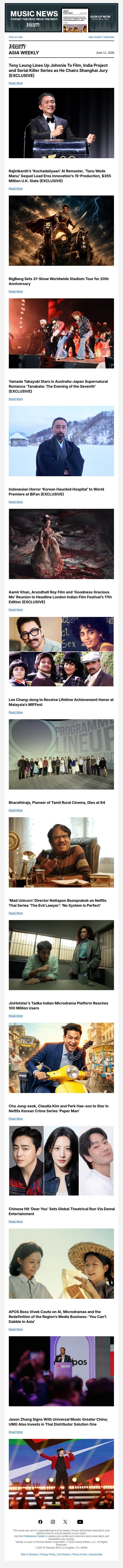Tony Leung's New Projects; Rajinikanth's AI Remaster; BigBang Reunion Tour email from Variety screenshot
