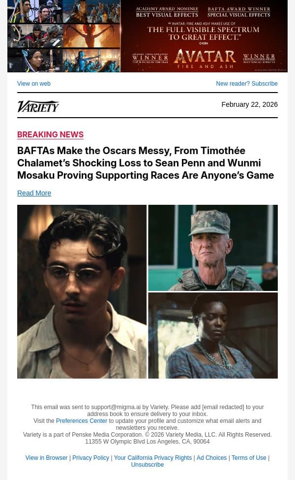 BAFTAs Make the Oscars Messy, From Timothée Chalamet’s Shocking Loss to Sean Penn and Wunmi Mosaku Proving Supporting Races Are Anyone’s Game email from Variety screenshot