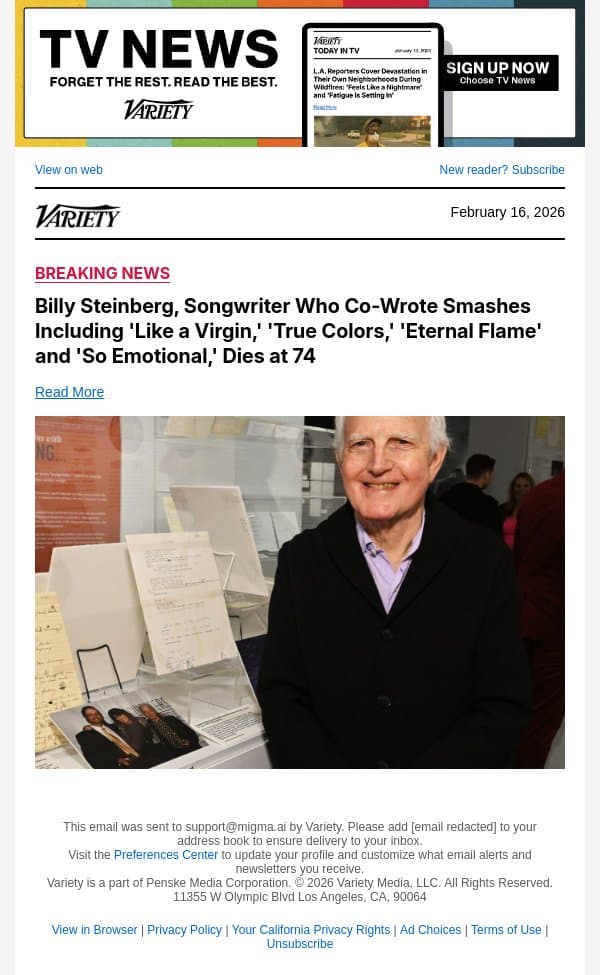 Billy Steinberg, Songwriter Who Co-Wrote Smashes Including 'Like a Virgin,' 'True Colors,' 'Eternal Flame' and 'So Emotional,' Dies at 74 email from Variety screenshot