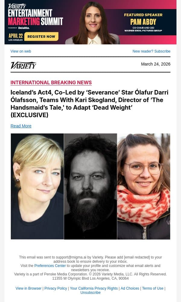 Iceland’s Act4, Co-Led by ‘Severance’ Star Ólafur Darri Ólafsson, Teams With Kari Skogland, Director of ‘The Handsmaid’s Tale,' to Adapt ‘Dead Weight’ (EXCLUSIVE) email from Variety screenshot