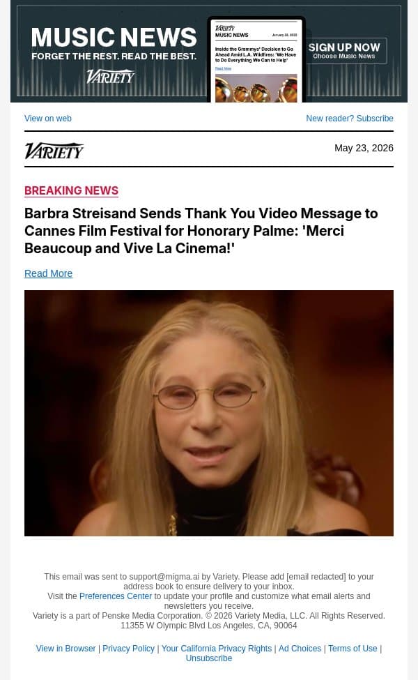 Barbra Streisand Sends Thank You Video Message to Cannes Film Festival for Honorary Palme: 'Merci Beaucoup and Vive La Cinema!' email from Variety screenshot