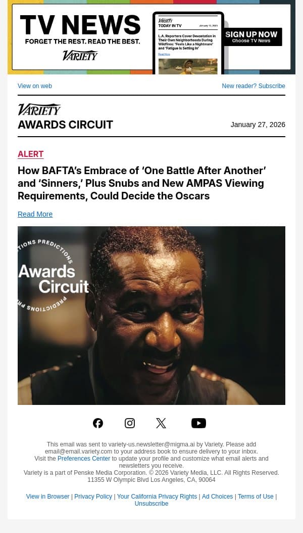 How BAFTA’s Embrace of ‘One Battle After Another’ and ‘Sinners,’ Plus Snubs and New AMPAS Viewing Requirements, Could Decide the Oscars email from Variety screenshot