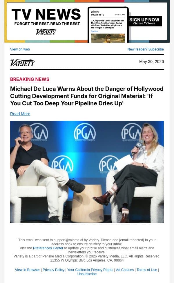 Michael De Luca Warns About the Danger of Hollywood Cutting Development Funds for Original Material: 'If You Cut Too Deep Your Pipeline Dries Up' email from Variety screenshot