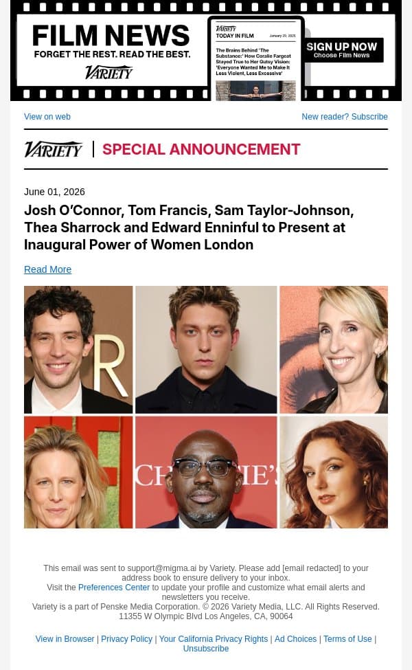 Josh O’Connor, Tom Francis, Sam Taylor-Johnson, Thea Sharrock and Edward Enninful to Present at Inaugural Power of Women London email from Variety screenshot