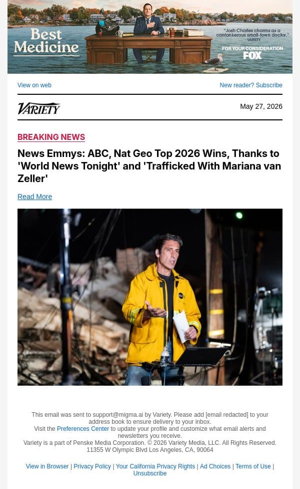 News Emmys: ABC, Nat Geo Top 2026 Wins, Thanks to 'World News Tonight' and 'Trafficked With Mariana van Zeller' email from Variety screenshot