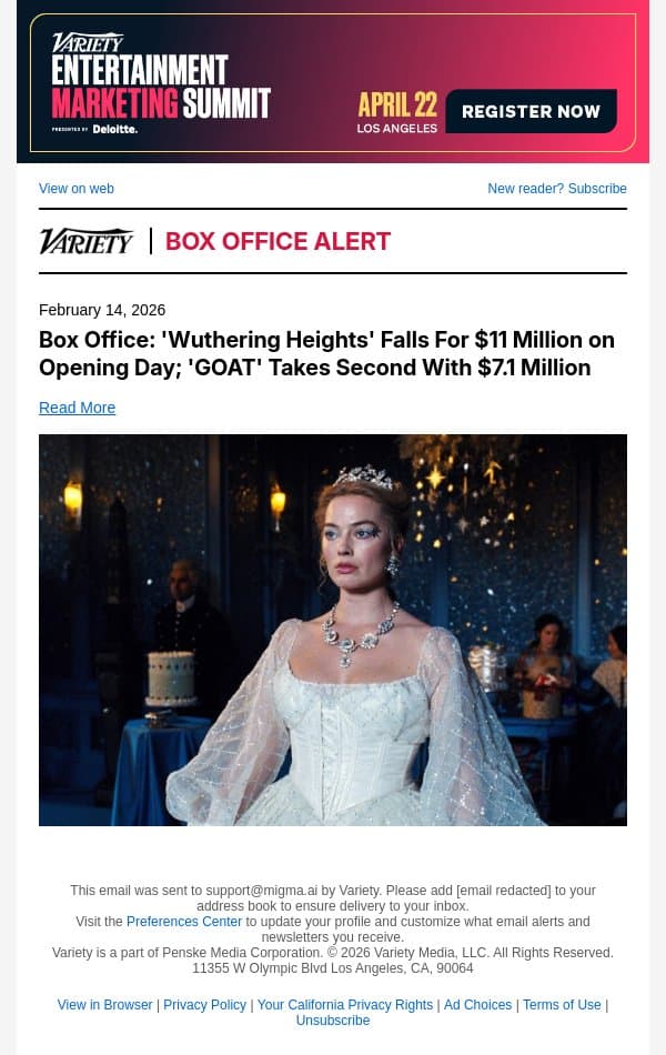 Box Office: 'Wuthering Heights' Falls For $11 Million on Opening Day; 'GOAT' Takes Second With $7.1 Million email from Variety screenshot