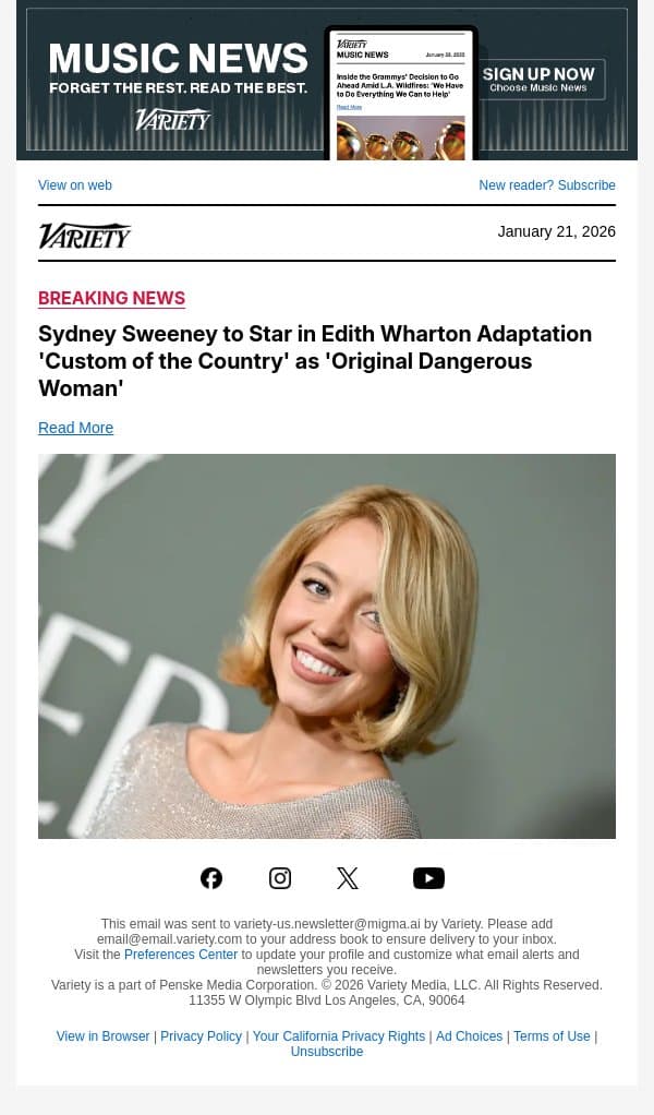 Sydney Sweeney to Star in Edith Wharton Adaptation 'Custom of the Country' as 'Original Dangerous Woman' email from Variety screenshot
