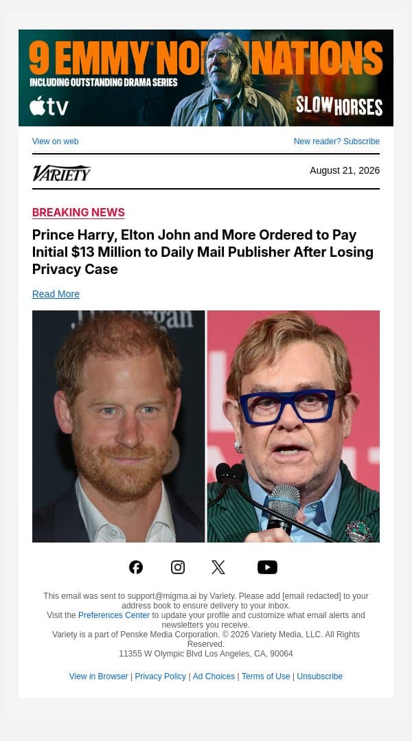 Prince Harry, Elton John and More Ordered to Pay Initial $13 Million to Daily Mail Publisher After Losing Privacy Case email from Variety screenshot