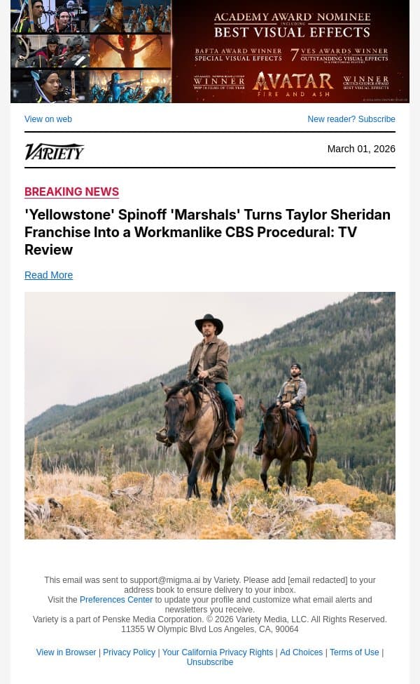 'Yellowstone' Spinoff 'Marshals' Turns Taylor Sheridan Franchise Into a Workmanlike CBS Procedural: TV Review email from Variety screenshot