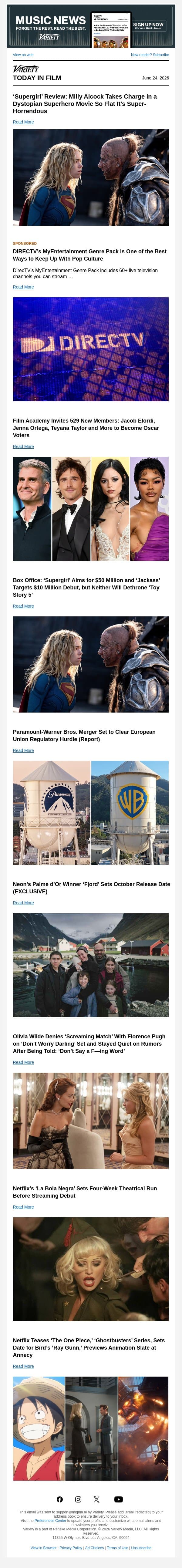 ‘Supergirl’ Review; New Film Academy Members; Box Office Preview email from Variety screenshot