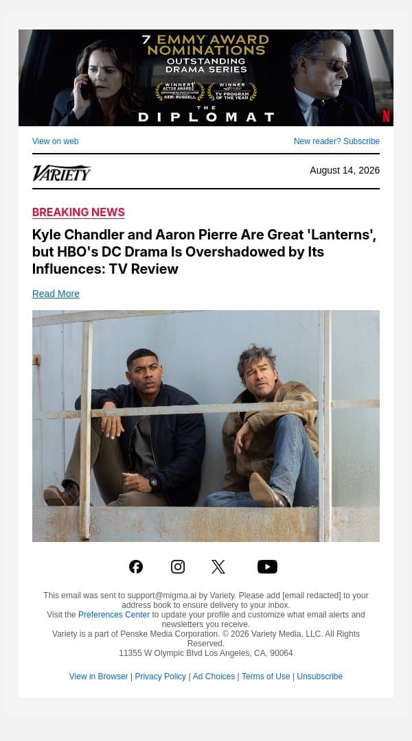 Kyle Chandler and Aaron Pierre Are Great 'Lanterns', but HBO's DC Drama Is Overshadowed by Its Influences: TV Review email from Variety screenshot