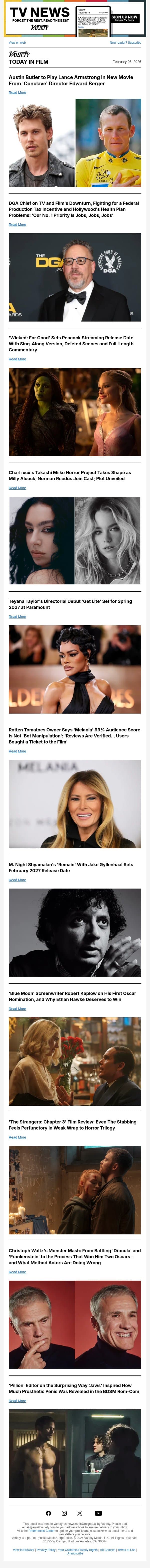Austin Butler to Star in Lance Armstrong Movie; DGA Chief on Hollywood's Job Crisis, AI and More; 'Wicked: For Good' Sets Peacock Streaming Date email from Variety screenshot
