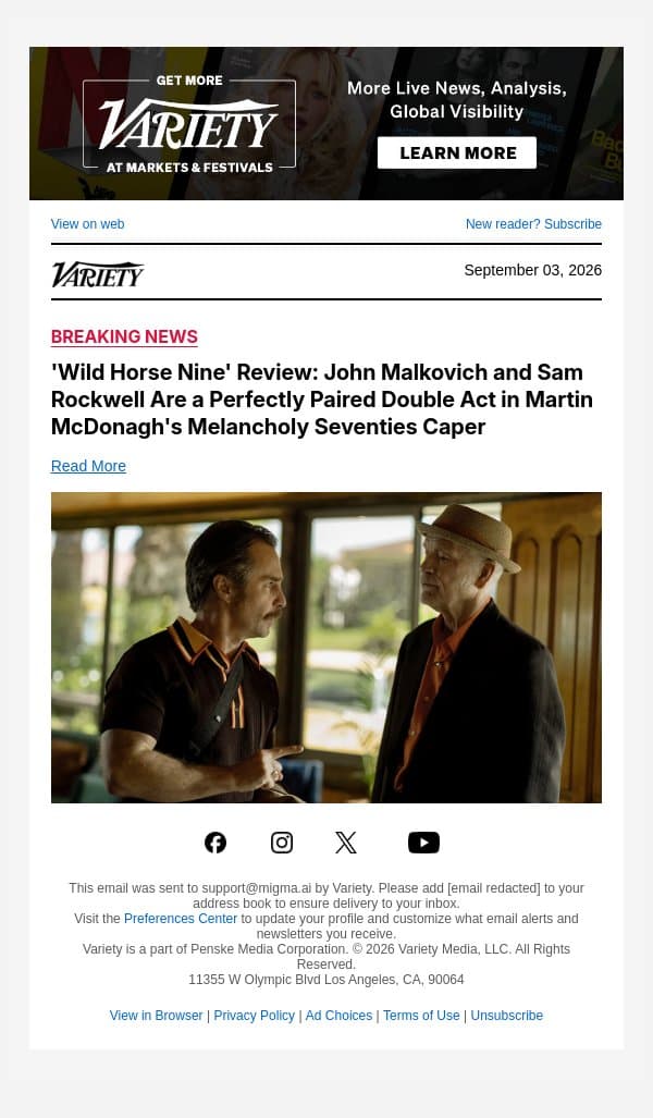'Wild Horse Nine' Review: John Malkovich and Sam Rockwell Are a Perfectly Paired Double Act in Martin McDonagh's Melancholy Seventies Caper email from Variety screenshot