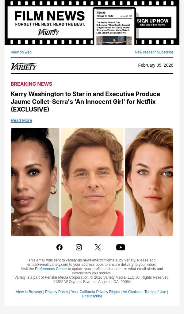 Kerry Washington to Star in and Executive Produce Jaume Collet-Serra's 'An Innocent Girl' for Netflix (EXCLUSIVE) email from Variety screenshot
