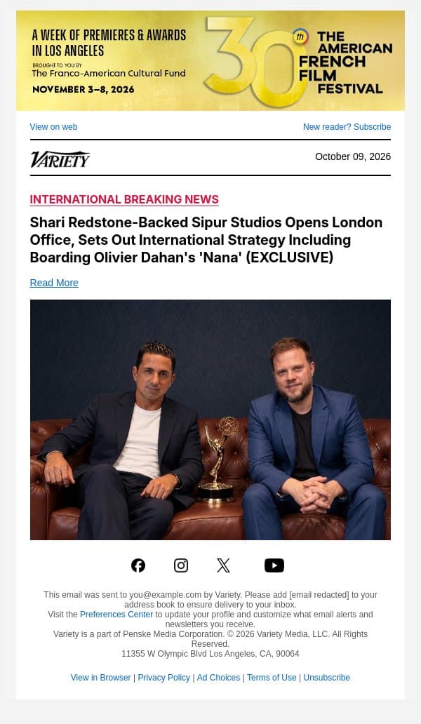 Shari Redstone-Backed Sipur Studios Opens London Office, Sets Out International Strategy Including Boarding Olivier Dahan's 'Nana' (EXCLUSIVE) email from Variety screenshot