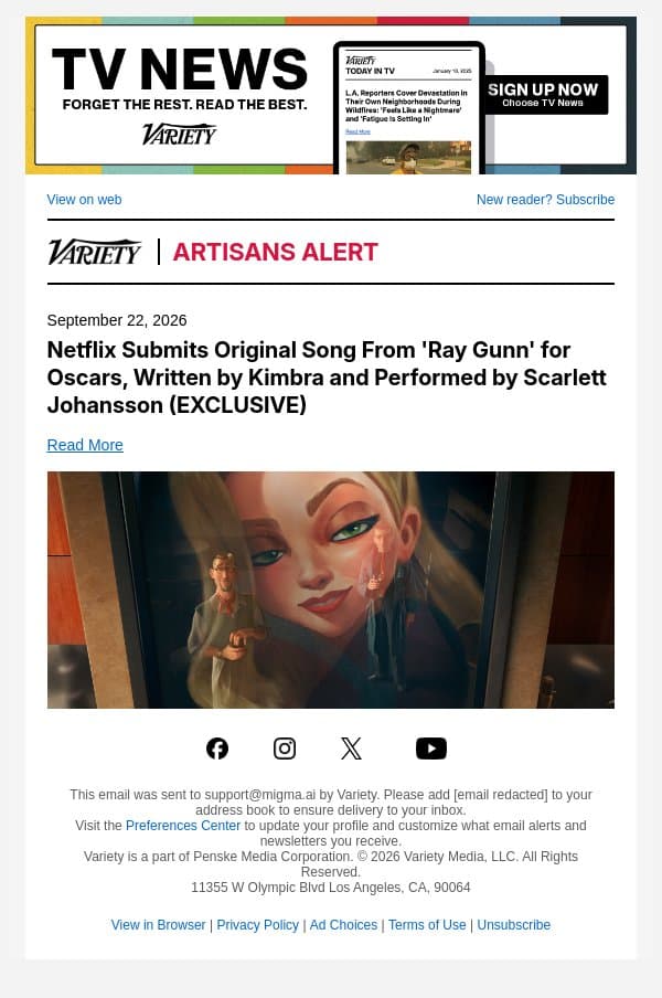 Netflix Submits Original Song From 'Ray Gunn' for Oscars, Written by Kimbra and Performed by Scarlett Johansson (EXCLUSIVE) email from Variety screenshot