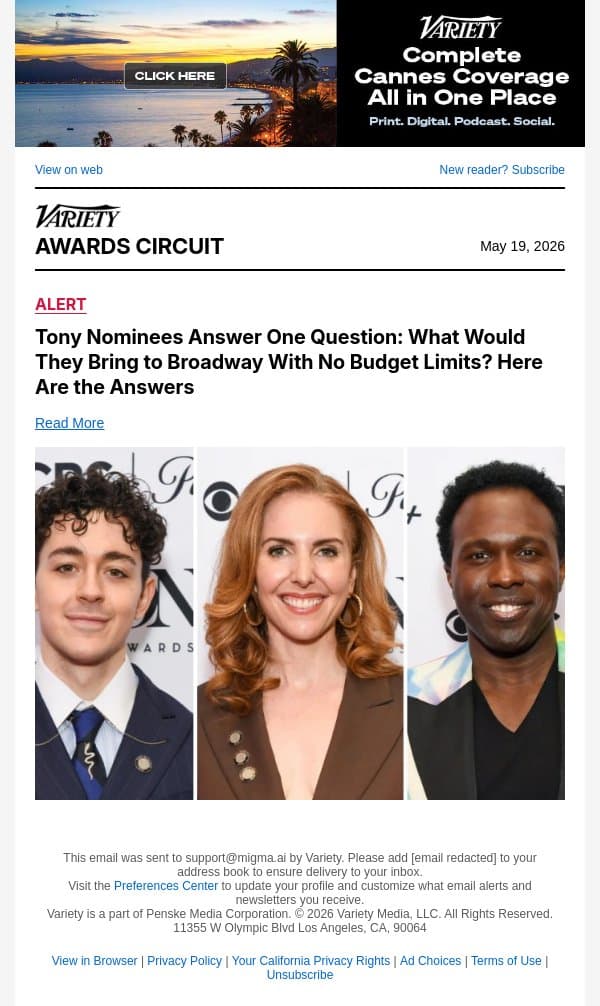 Tony Nominees Answer One Question: What Would They Bring to Broadway With No Budget Limits? Here Are the Answers email from Variety screenshot