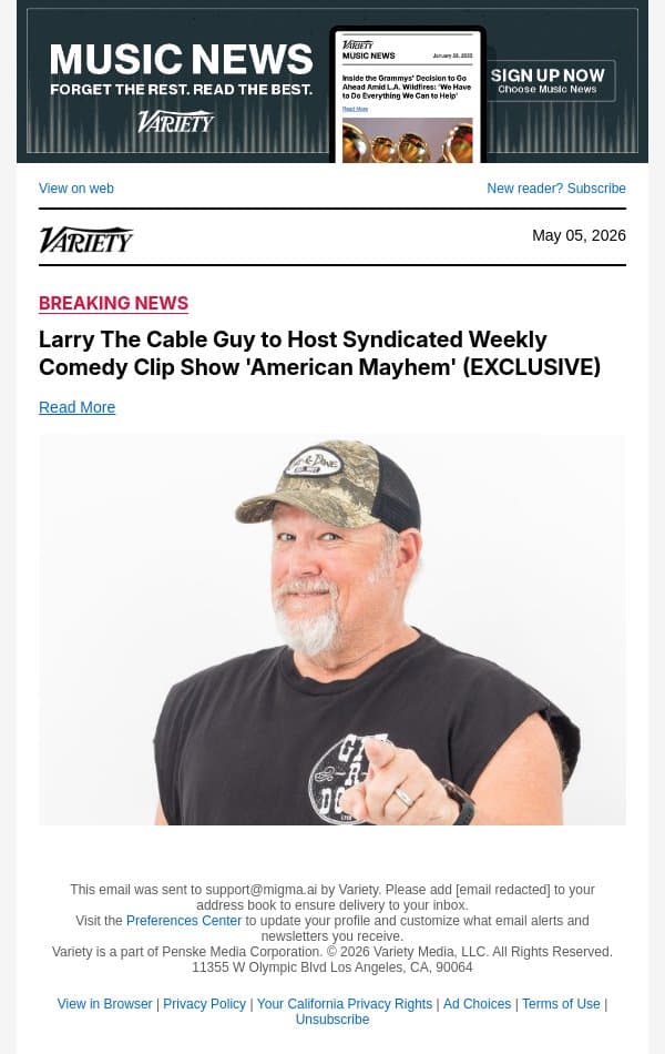 Larry The Cable Guy to Host Syndicated Weekly Comedy Clip Show 'American Mayhem' (EXCLUSIVE) email from Variety screenshot