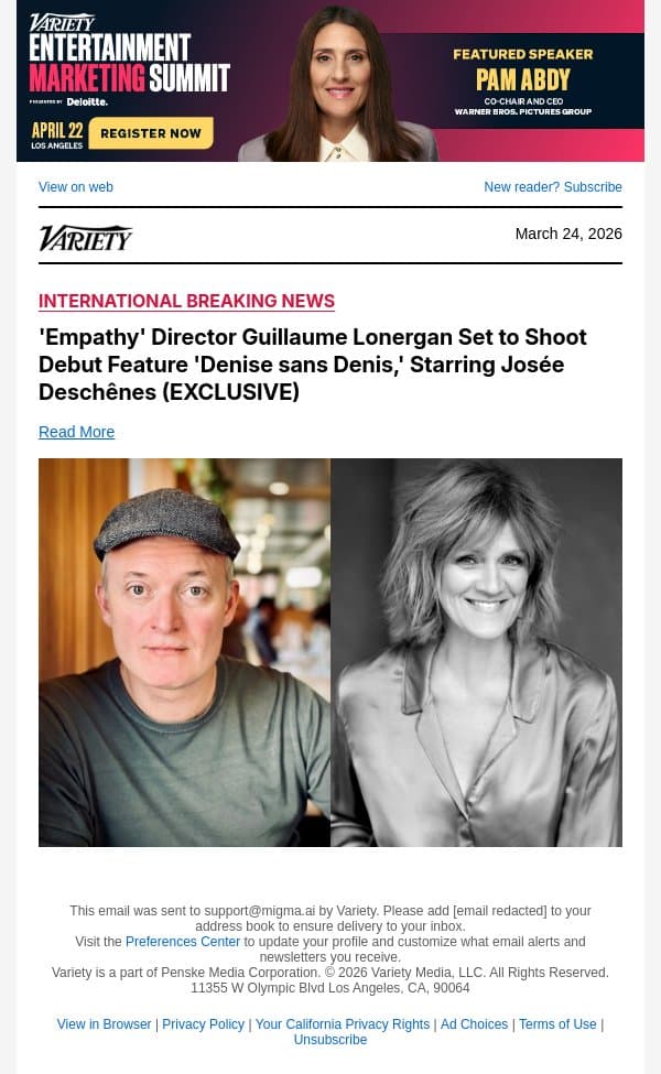 'Empathy' Director Guillaume Lonergan Set to Shoot Debut Feature 'Denise sans Denis,' Starring Josée Deschênes (EXCLUSIVE) email from Variety screenshot