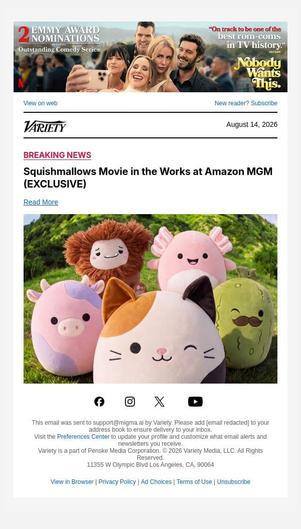 Squishmallows Movie in the Works at Amazon MGM (EXCLUSIVE) email from Variety screenshot