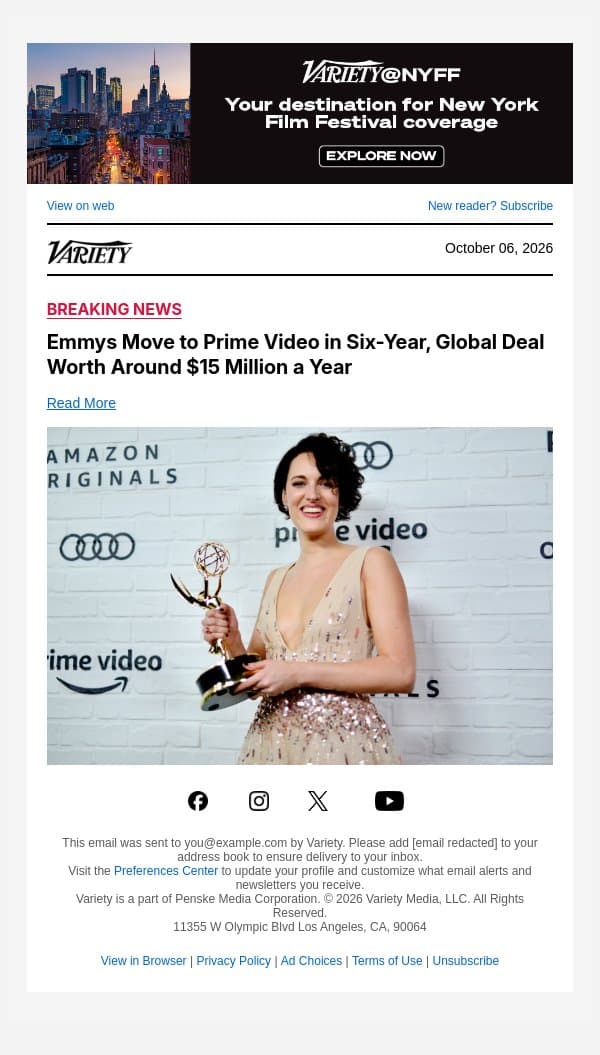 Emmys Move to Prime Video in Six-Year, Global Deal Worth Around $15 Million a Year email from Variety screenshot