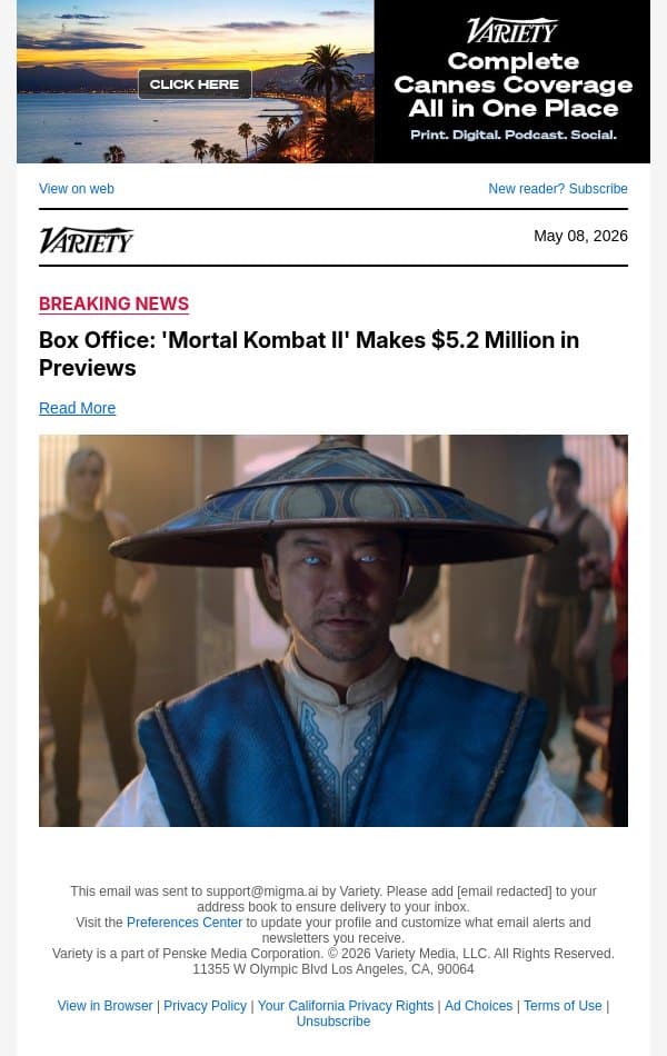 Box Office: 'Mortal Kombat II' Makes $5.2 Million in Previews email from Variety screenshot