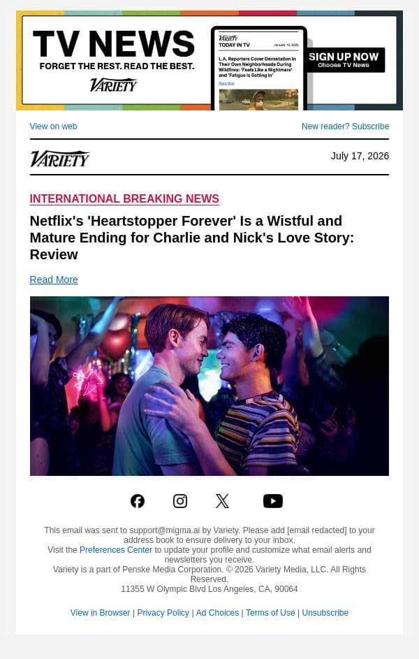 Netflix's 'Heartstopper Forever' Is a Wistful and Mature Ending for Charlie and Nick's Love Story: Review email from Variety screenshot